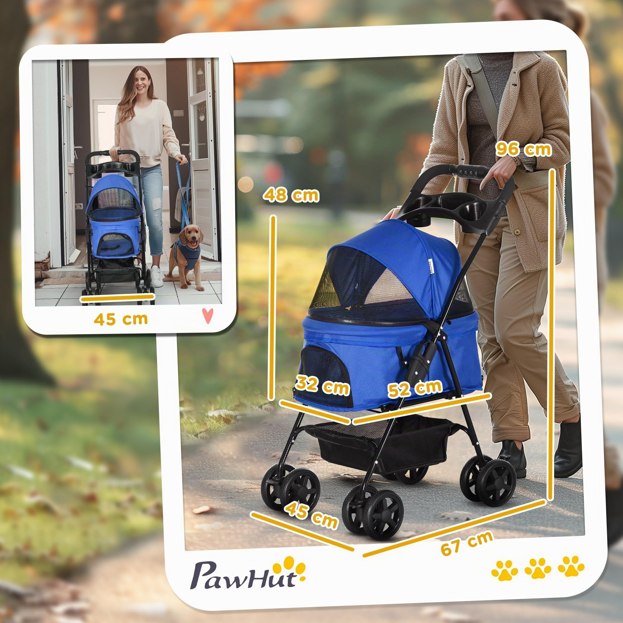 PawHut Poussette pliable pour chiens et chats jusqu'à 4 kg, Bleu | Poussette pour chien et chat, fenêtres en maille, panier de rangement, porte-gobelet