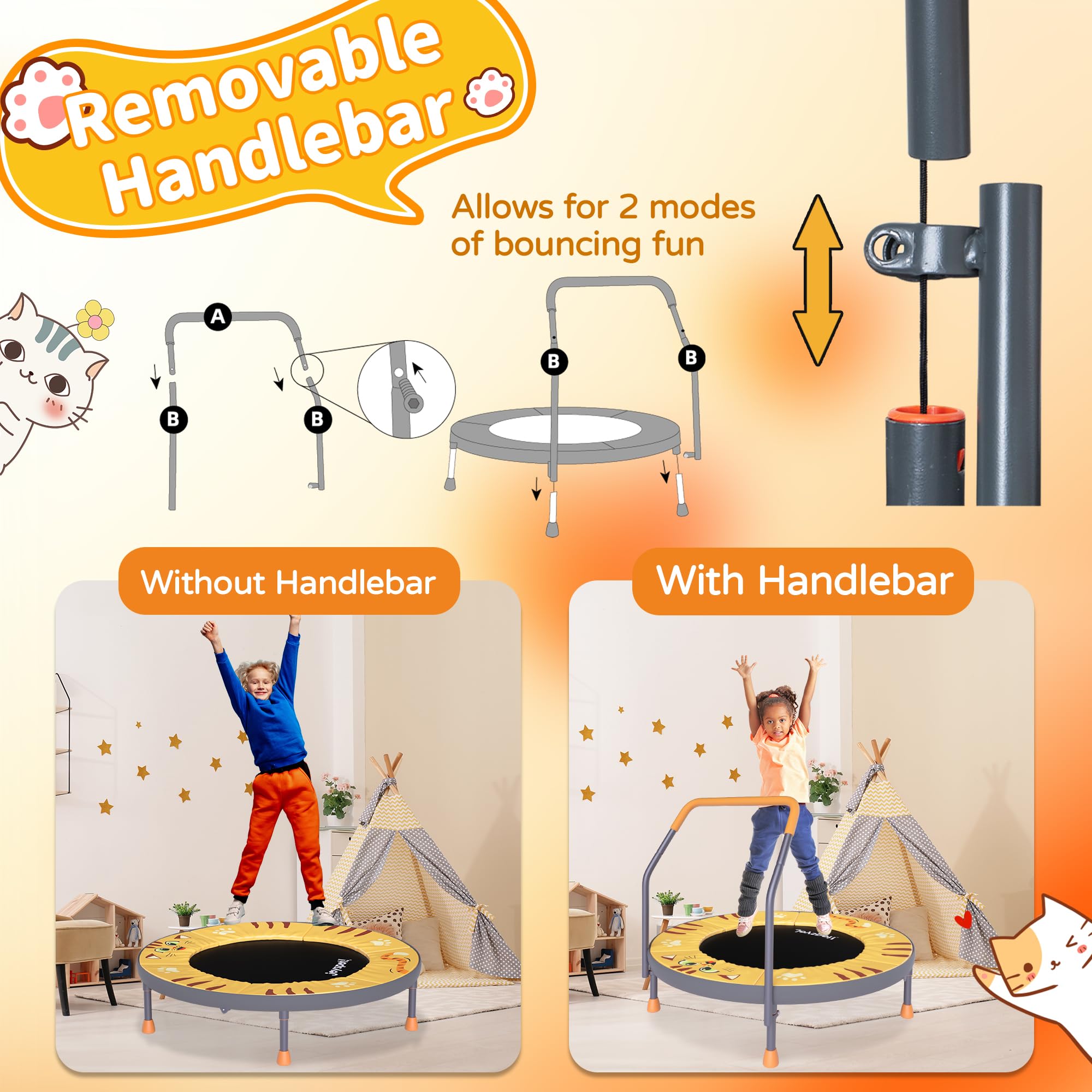 JOY SPOT! Kinder Trampolin Indoor, Ø91 cm Minitrampolin mit Haltegriff, Fitness Trampolin bis 45 kg belastbar, Gartentrampolin Outdoor für Kinder 3-8 Jahren (Mehrfarbig/Katze/Einhorn/3 Abenteurer)