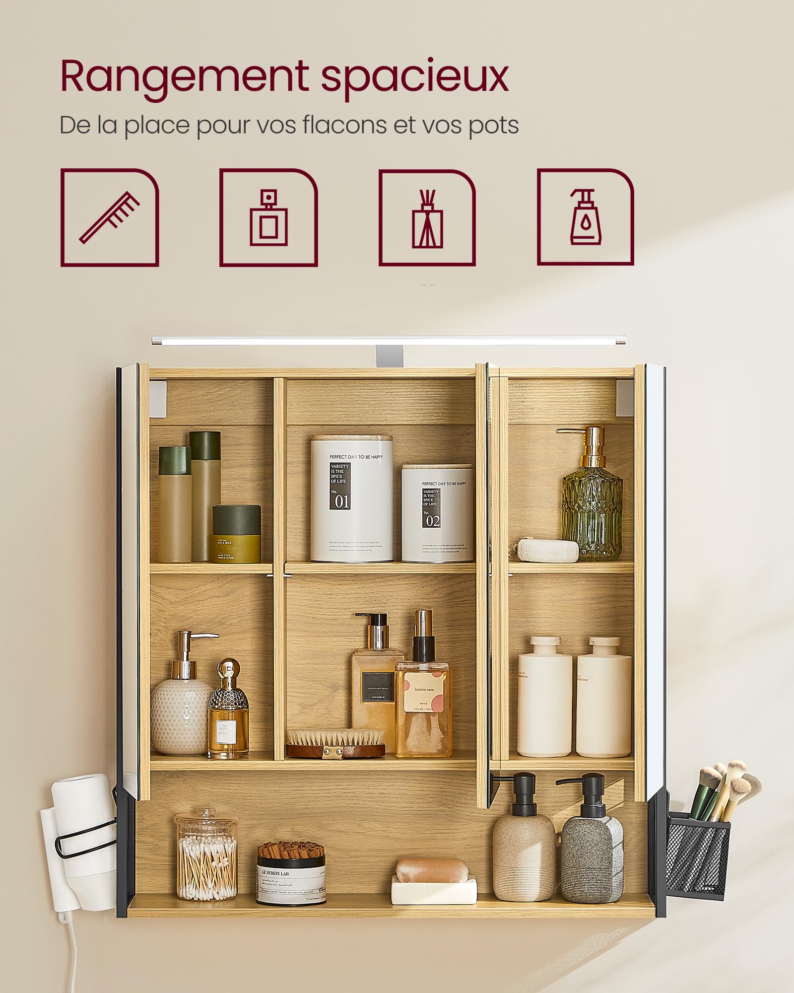 VASAGLE Armoire de Salle de Bain avec éclairage LED, 14,5 x 70 x 70 cm, Miroir 3 Portes, Meuble Mural avec Miroir, Prise, Panier, Support pour sèche-Cheveux, chêne Naturel BBK124Y01