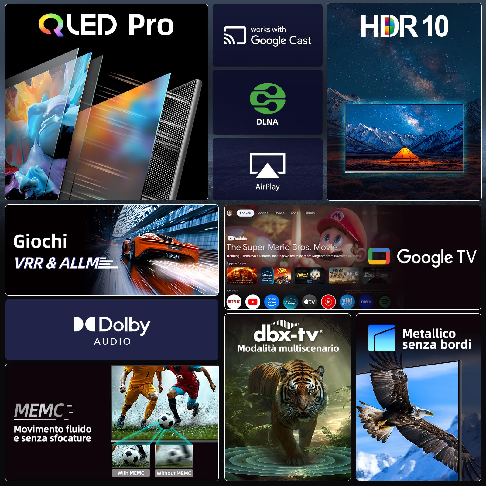 Google QLED 4K UHD CHIQ 43QA10 Smart TV 43 cale (109 cm) | HDR10, VRR i ALLM | Ultracienka metalowa konstrukcja bez ramy | Dolby Audio | Nowy model 2025