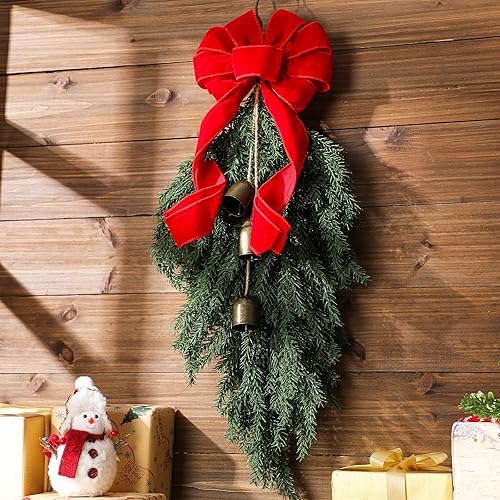 Dingion 23.6'' Christmas Teardrop Swag Wreath with Bells and Red