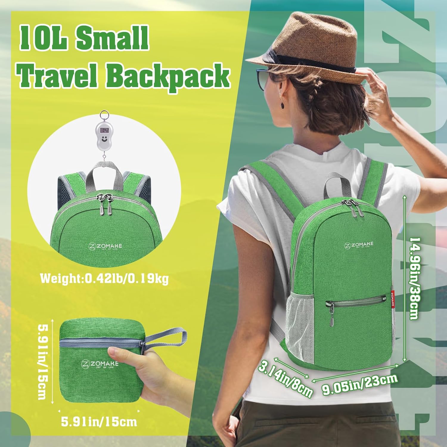 ZOMAKE 10L Lightweight Packable Hiking Backpack, Small Travel Hiking Daypack for Women Men Tear Resistant Foldable Day Pack for Camping Outdoor Sports(Dark Green)