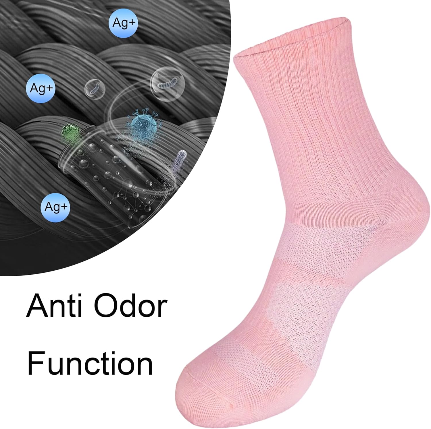 Womens 6-Pack Pink Anti Sweat Odor Resistant Stink Proof Compression Quarter Crew Cotton Athletic Running Hiking Socks, Size 6-10 - Image 3