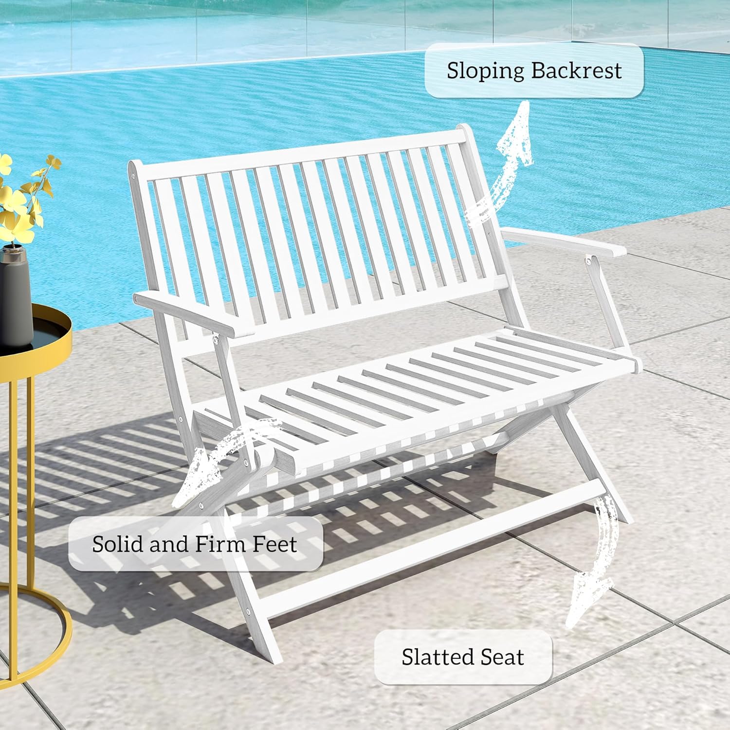 Outsunny Wood Outdoor Bench, 2-Person Foldable Patio Acacia Wood Garden Bench with Backrest and Armrests for Garden, Porch, Park, Balcony, White