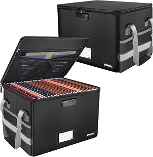 ENGPOW File Box with Lock, Fireproof Document Box with Pockets, Collapsible File Organizer Filing Storage Cabinet with Handle, Portable Home Office Safe for Hanging Letter/Legal Folders,Black,2 Pack