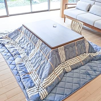 Japanese Kotatsu Table Set,Wood Coffee Table with Heater and Blanket,Winter Foot Warmer Heated Stove Tables,for Sitting On The Floor,Tatami,Living Room,Bay WindowBlue