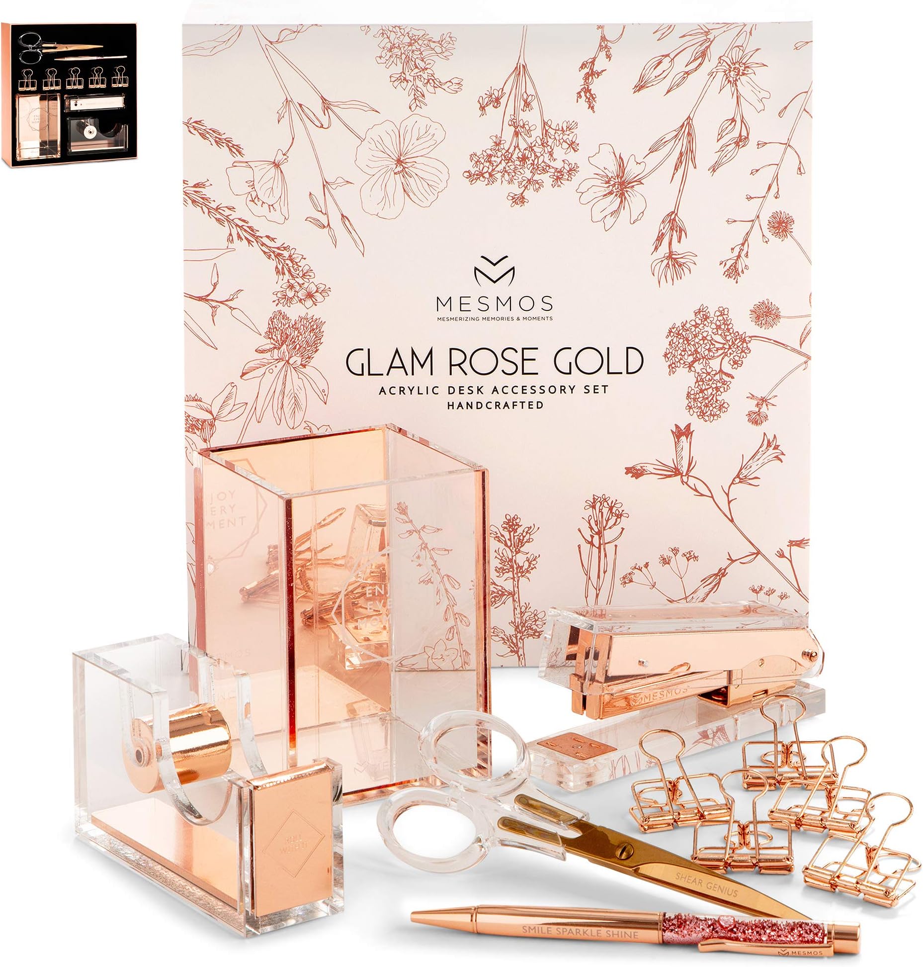 Stylish Office Desk Accessories and Supplies Kit For Women , Rose Gold - 10-Piece Desktop Accessory Set for Office, Home - Work, Writing, and Project Organizer with Copper Pen, Scissors, Stapler