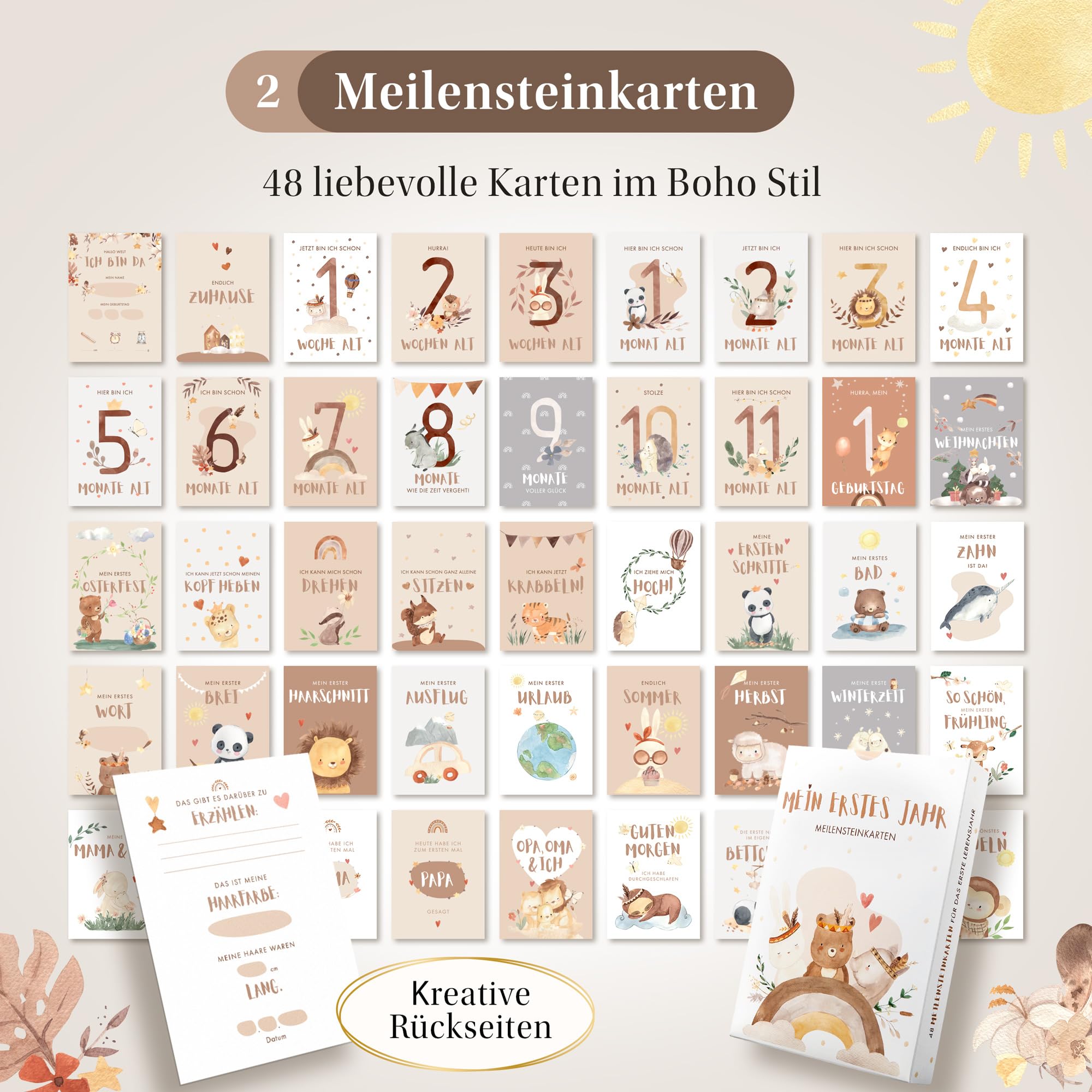 EULENTALER® 3in1 Babyalbum Set: Babytagebuch „Mein erstes Jahr“ + Meilensteinkarten + Abdruckset + Box - Geschenk zur Geburt für Junge & Mädchen