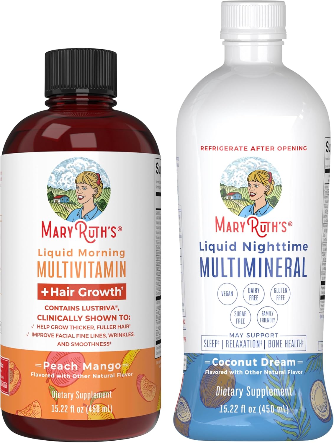 MaryRuth's Liquid Morning Multivitamin +Hair Growth (Peach Mango) & Nighttime Multimineral (Coconut, 15oz) | Clean Label Project Verified&reg; | Sugar-Free, Vegan, Non-GMO | Beauty, Sleep, Wellness