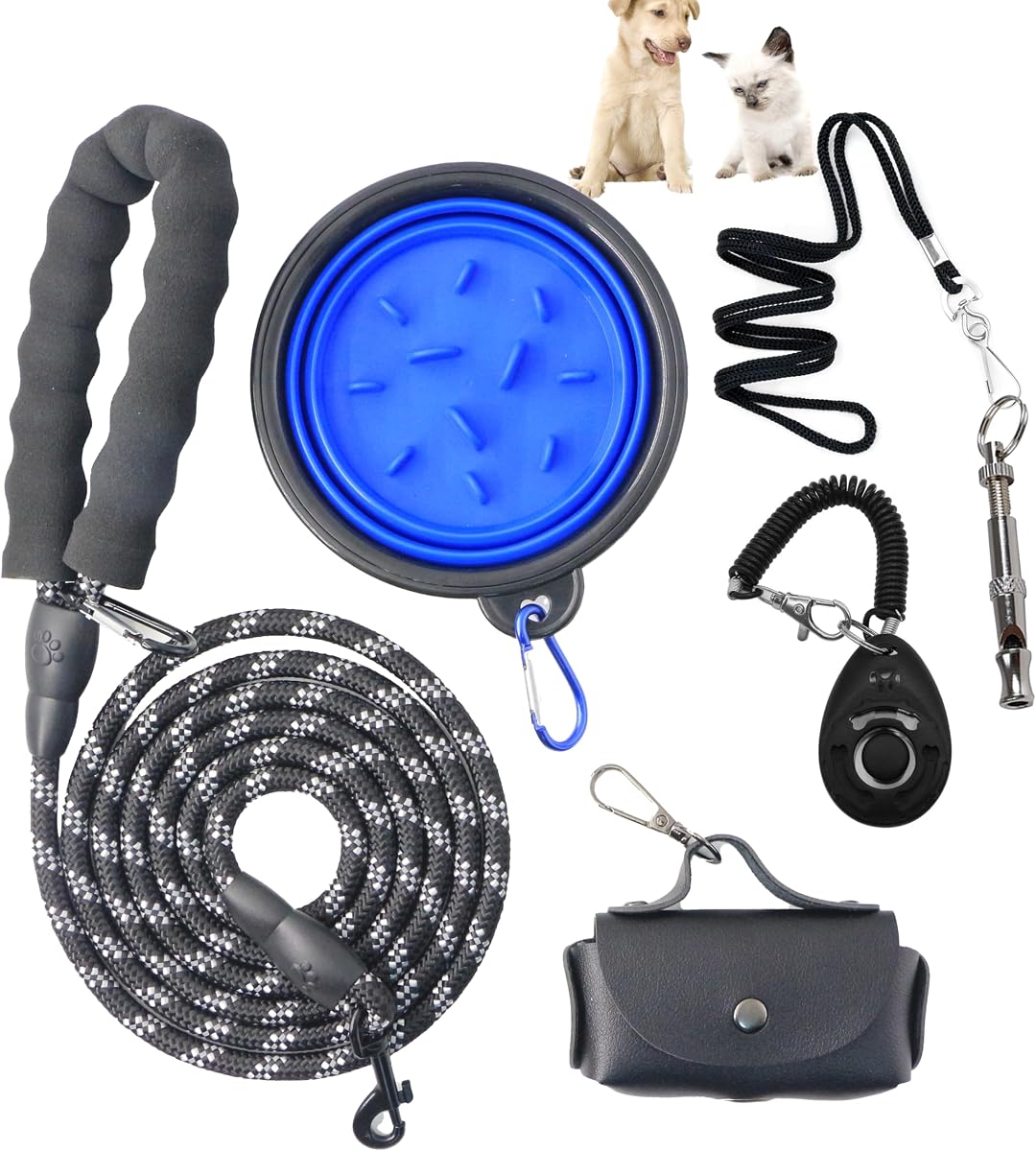 Puppy Starter Kit for New Dog Owners, 5-Piece Dog Starter Set with Reflective Leash, Clicker, Whistle, Collapsible Slow Feeder Bowl and Poop Bag Holder, Essentials for Daily Walks and Training