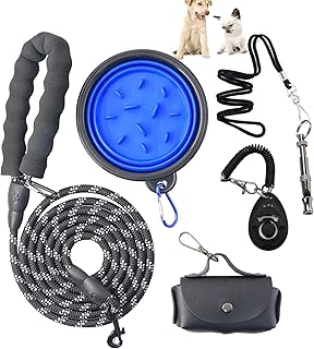 Puppy Starter Kit for New Dog Owners, 5-Piece Dog Starter Set with Reflective Leash, Clicker, Whistle, Collapsible Slow Feeder Bowl and Poop Bag Holder, Essentials for Daily Walks and Training