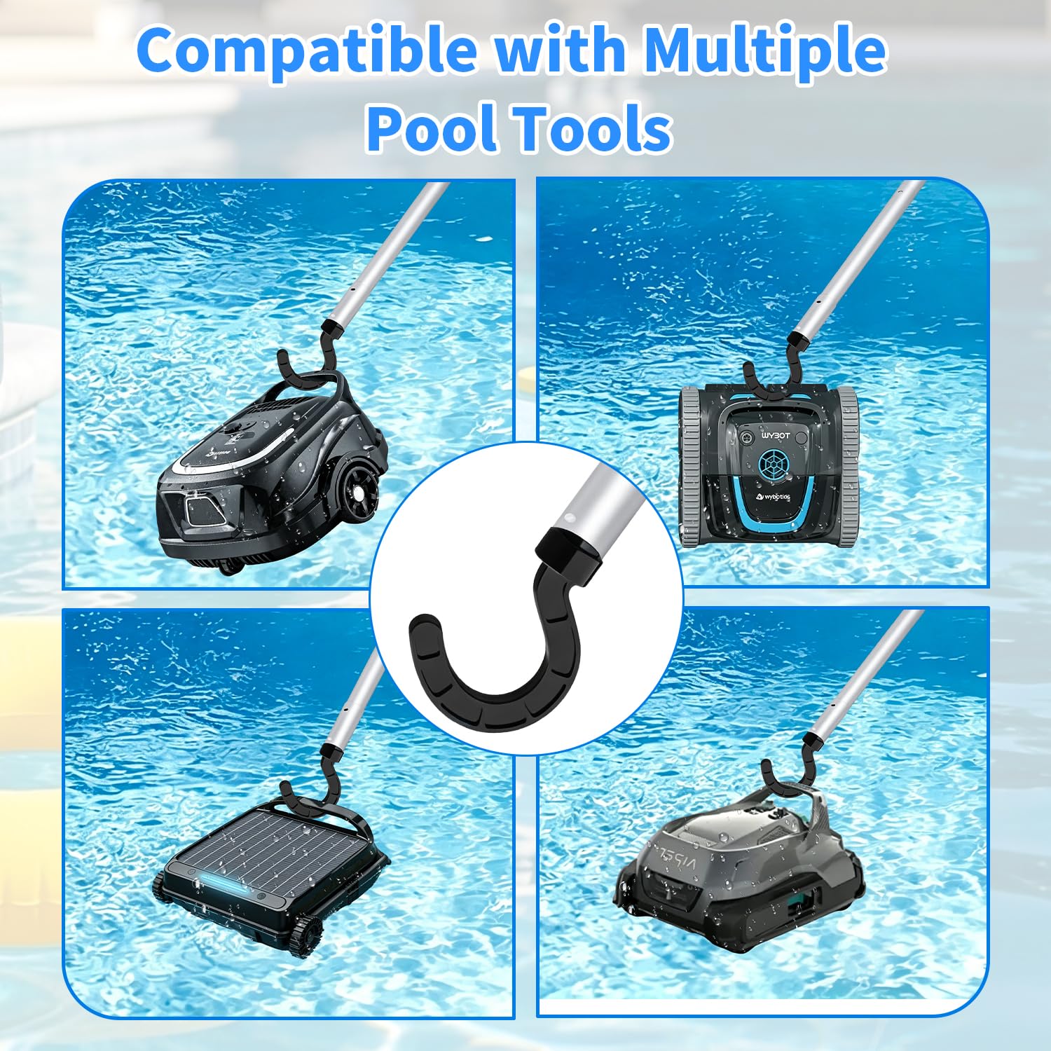 Set de 4 Crochet Robot Piscine 185 CM Tige Télescopique Crochet pour Aspirateur pour Piscine Set Facile à Utiliser Avec Gants et Chiffon Compatible Avec la Plupart des Dispositifs de Nettoyage