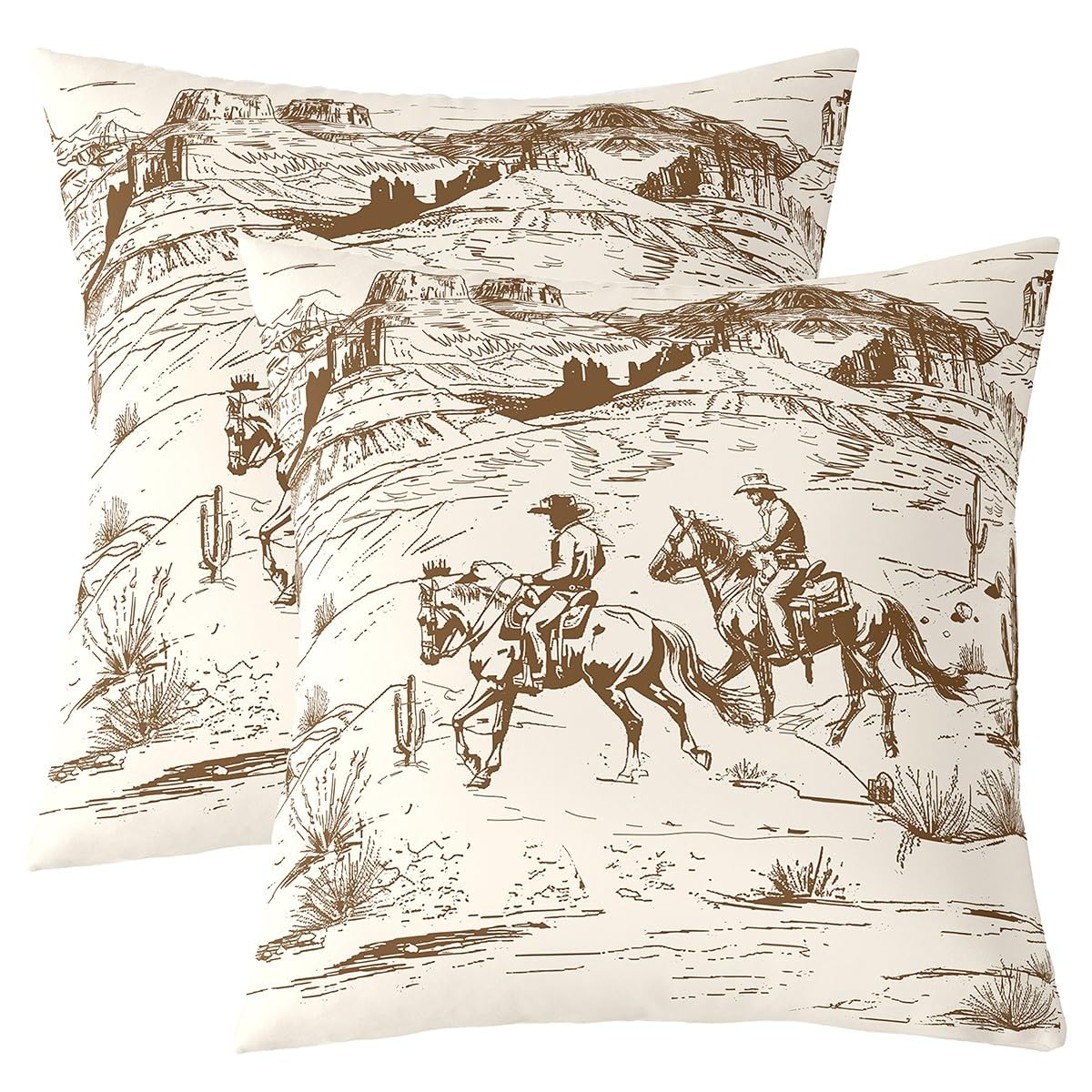 Set of 2 Cowboy Throw Pillow Covers 20x20 Inch Western Pillow Covers Wild West American Desert Hand Drawn Illustration Cushion Covers for Teens Boys