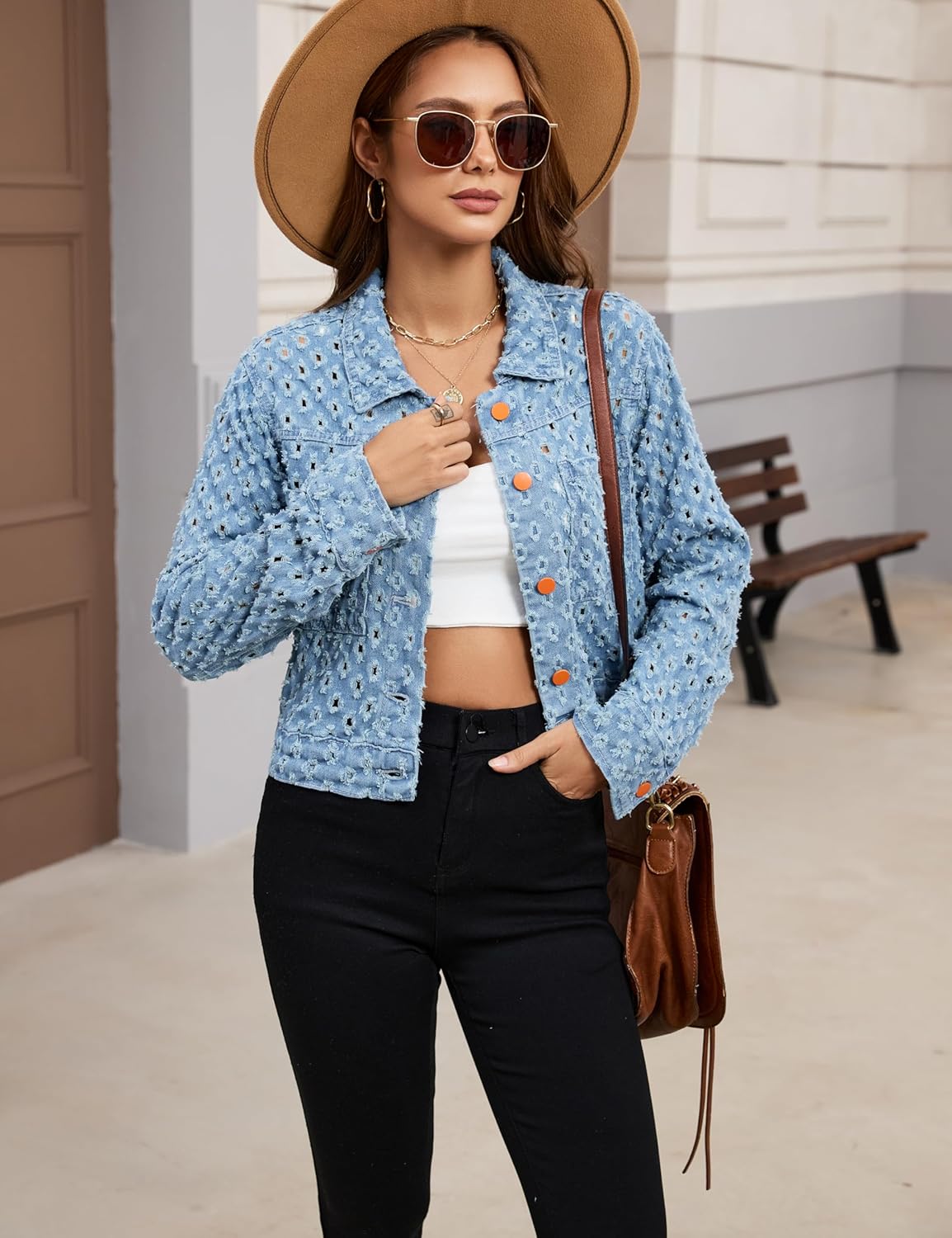 Fiona Jolin Womens Jean Jacket 2025 Casual Long Sleeve Distressed Button Down Cropped Denim Jacket Coats Western Trendy - Image 3