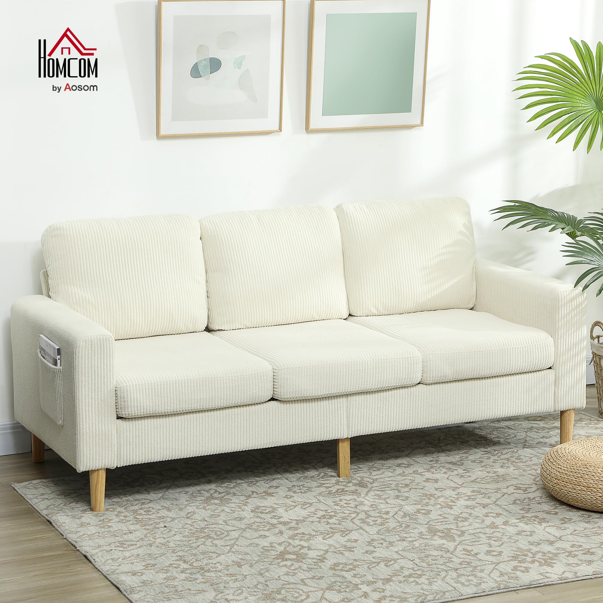 HOMCOM Divano a 3 posti in velluto a coste, design moderno, divano con cuscini a molle e seduta imbottita, ideale per soggiorno, camera da letto o ufficio, 192 cm, beige