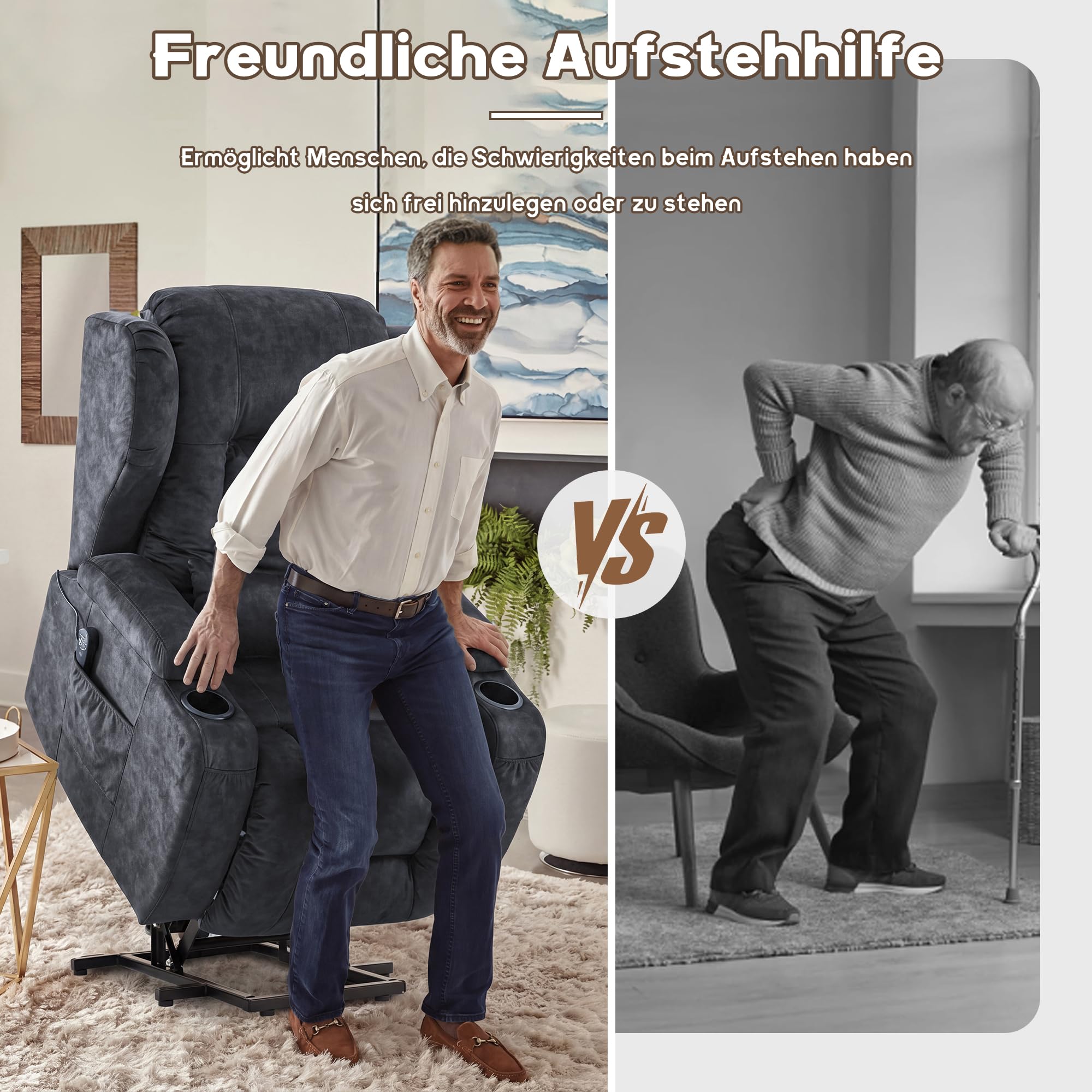 Fernsehsessel mit Aufstehhilfe Elektrisch, Relaxsessel mit Liegefunktion, Massagesessel mit Massage Wärmefunktion Seniorensessel für Senioren, 2 Seitentaschen und Getränkehalters (Samt Grau)