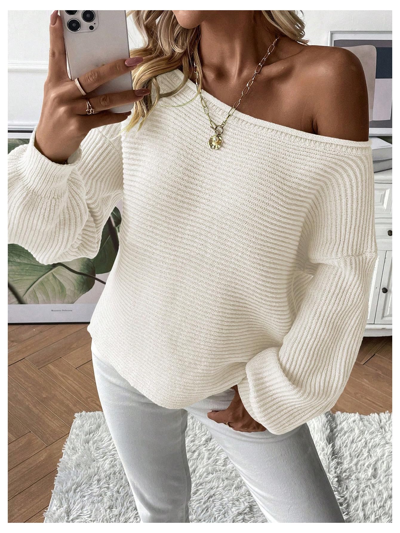 WDIRARA Women's One Shoulder Long Sleeve Oversized Sweater Asymmetrical Pullover Knit Top