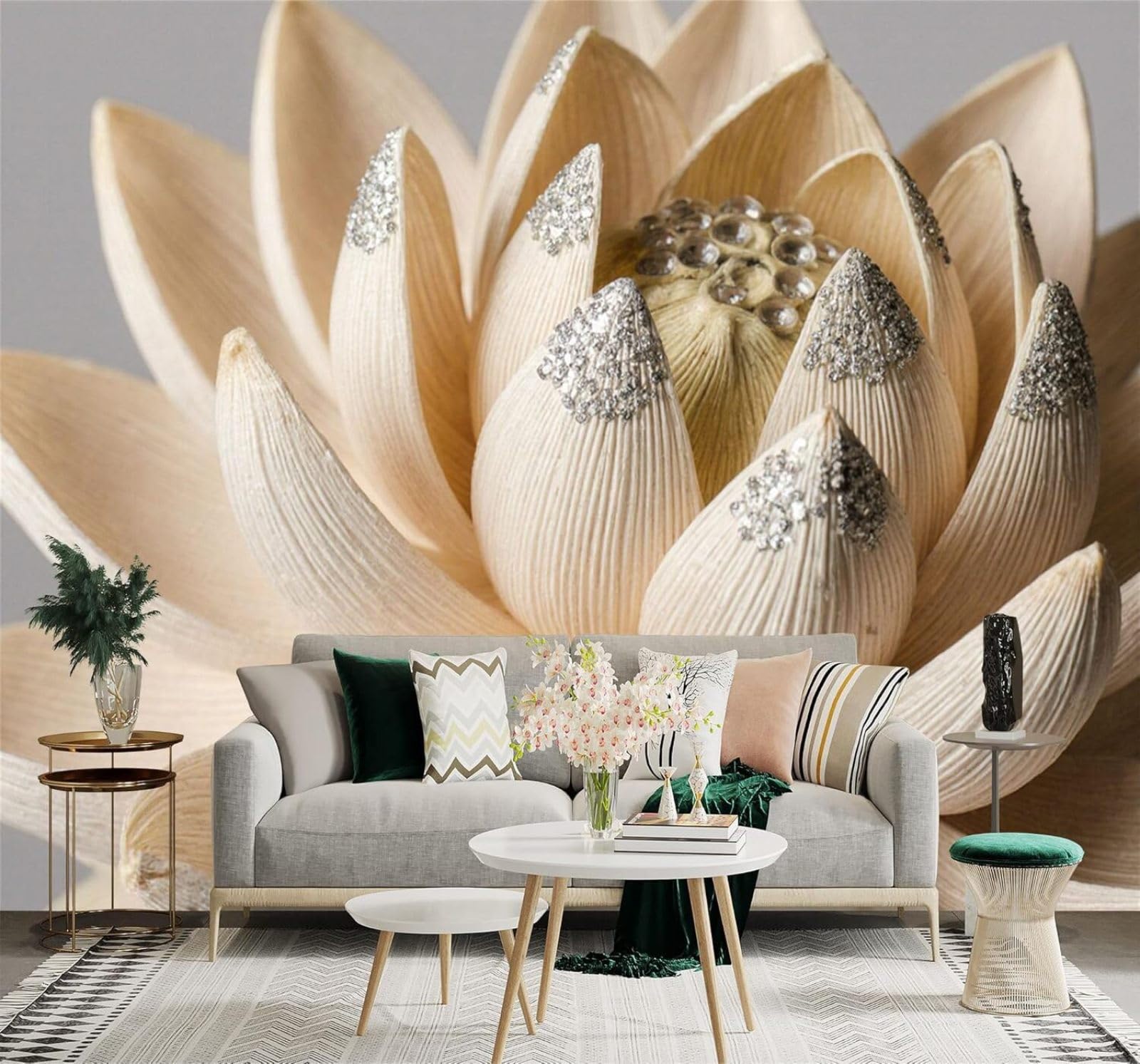 XLMING Beige Lotus Silver Sequins Elegant Flowers 3D Wallpaper Silky Texture Home Study Office Grey Dining Room Sofa Bedroom Living Room TV Backdrop-400cm×280cm