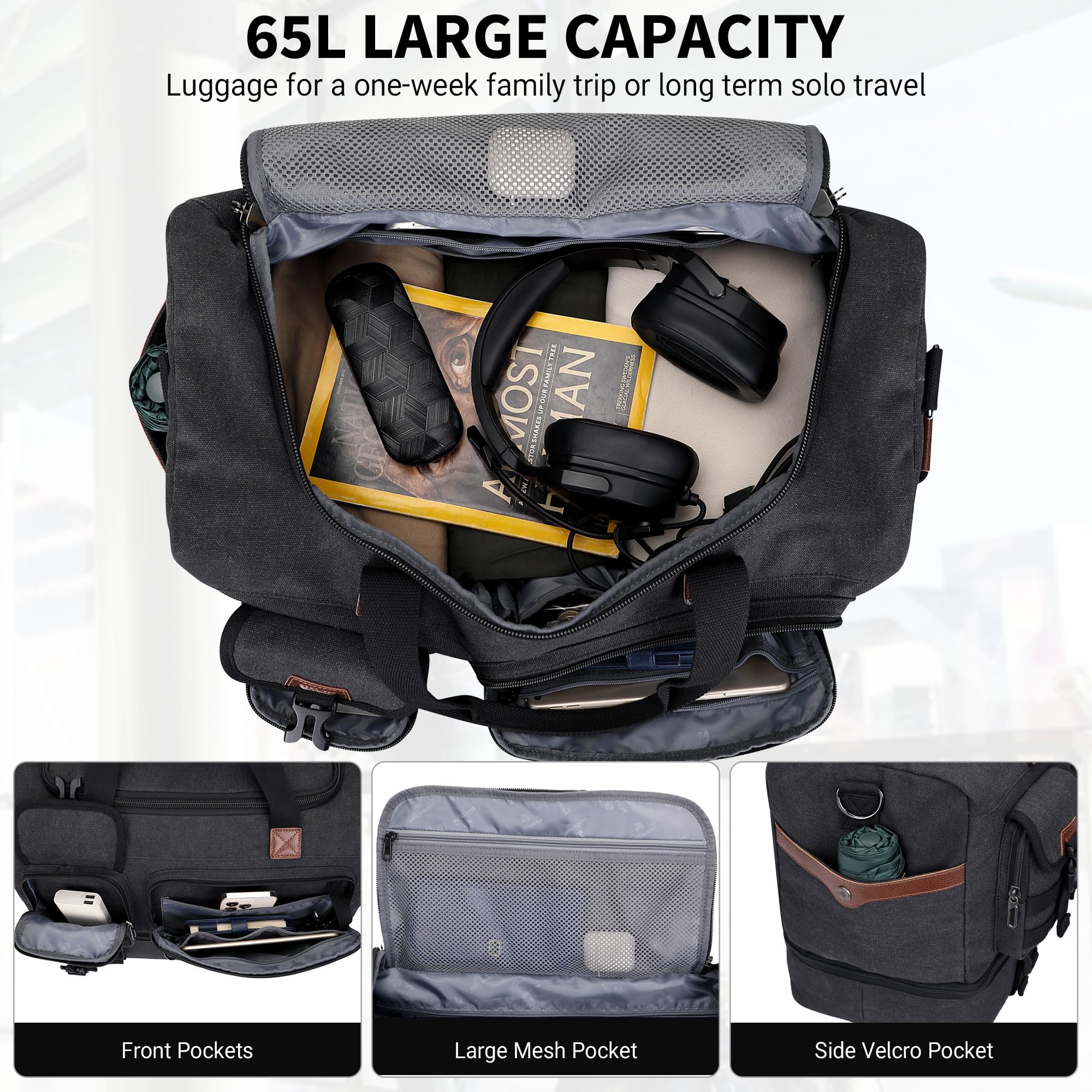 WITZMAN Reisetasche Herren 50L Canvas Wochenendtasche mit Kulturbeutel-Sets | Mit Schuhfach und Nass-Trennfach, Konvertierbar, Handgepäck Flugzeug, Eine für Reisen, Weekender, Sport, A8010/2 Schwarz