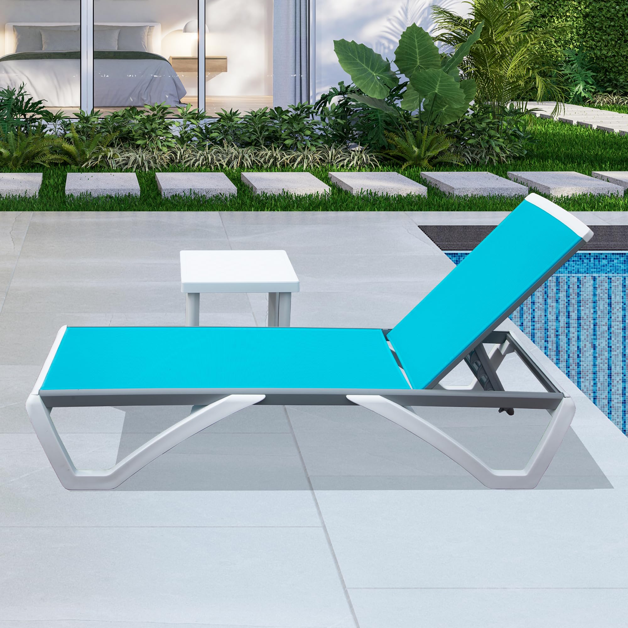 Domi Outdoor Lounge Chair, Aluminum Patio Chaise Lounge with 5 Position Adjustable Backrest and Wheels, All Weather Reclining Chair with Side Table for Patio, Yard,Balcony,Poolside (Lake Blue)