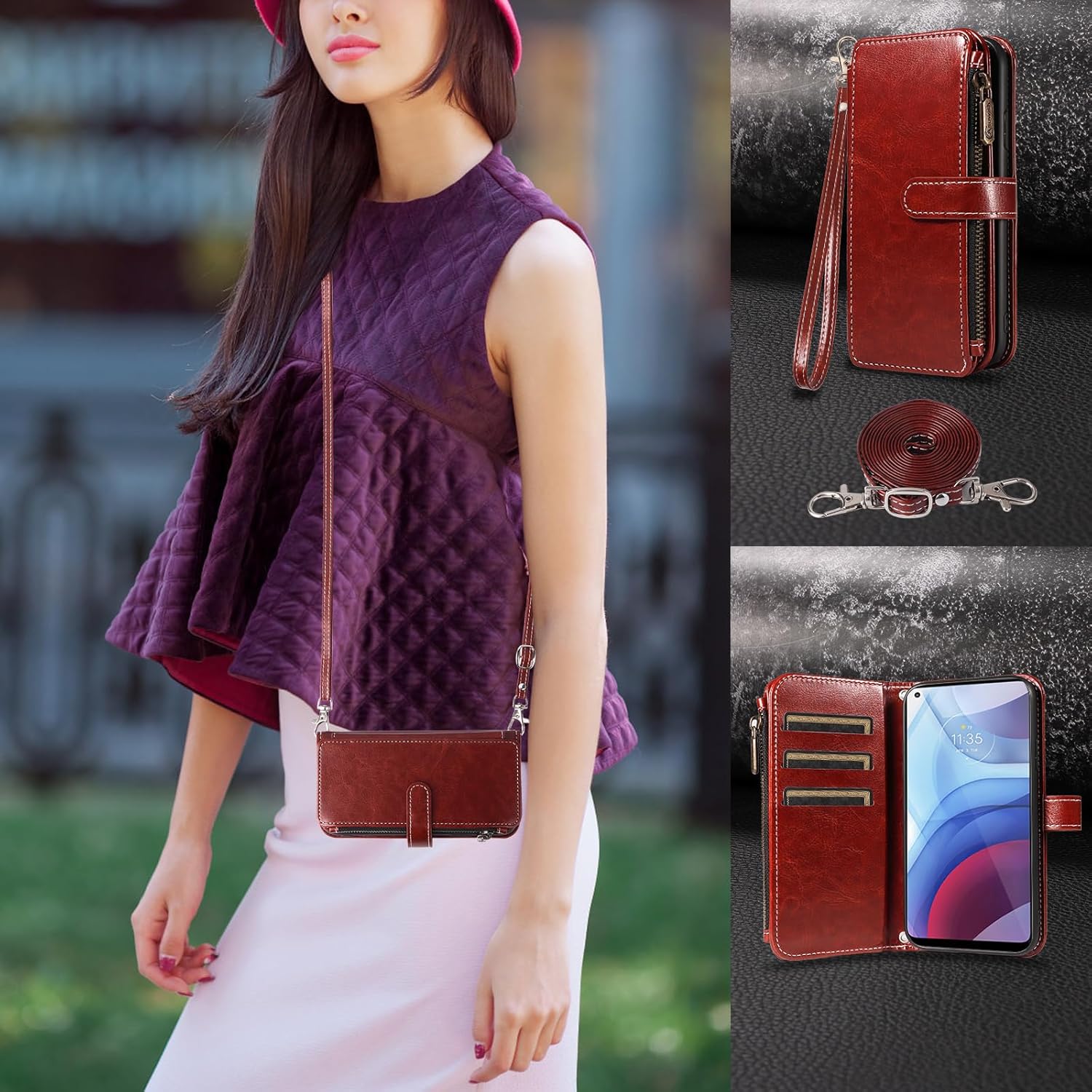 Asuwish Phone Case for Moto G Power 2021 Cover with Screen Protector and Lanyard Zipper Wallet Card Holder Slot Stand Mobile Cell Accessories Motorola GPower 21 5G Version XT2117-4 Women Men Brown