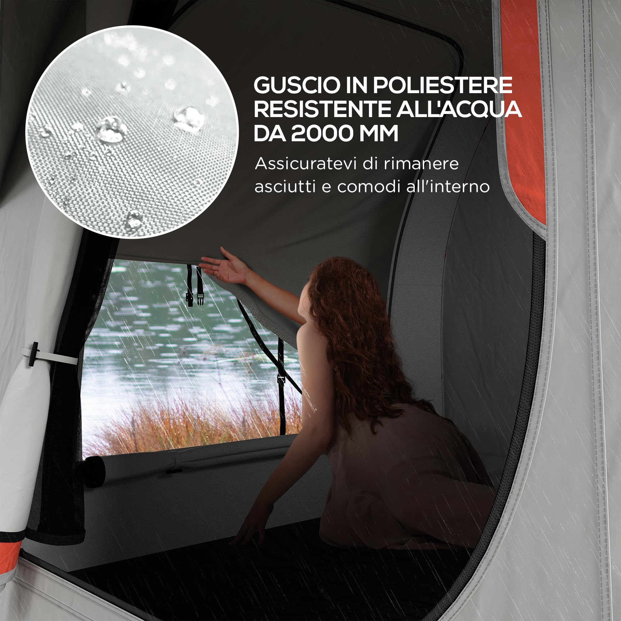 Outsunny Tenda per Auto Impermeabile a 3 Porte con Finestra in Rete, Tenda da Esterno in Poliestere, PE e Fibra di Vetro, 2.4x2.1x2.1m, Grigio e Arancione