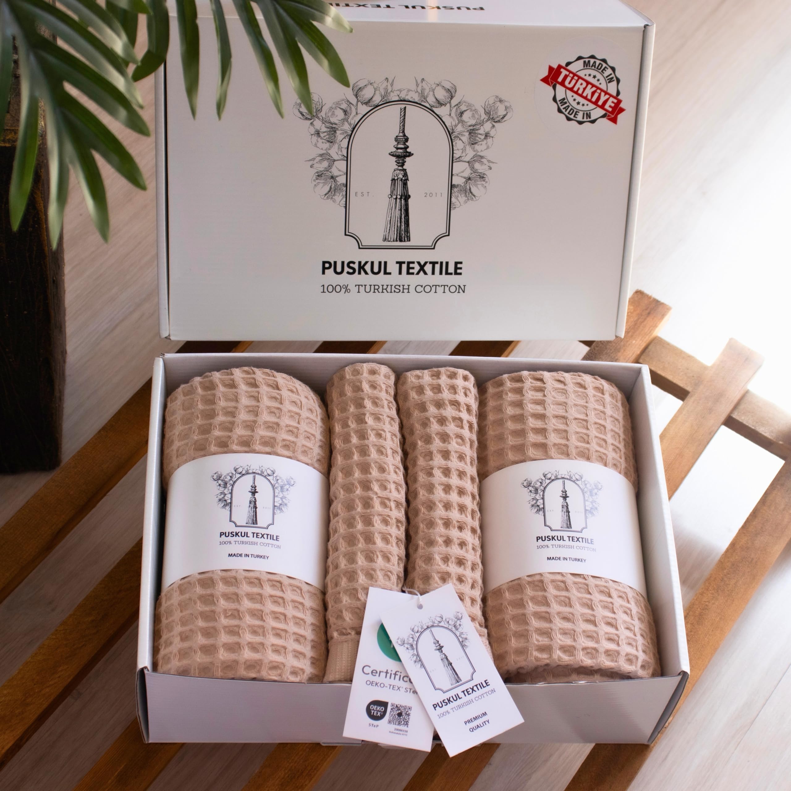 PÜSKÜL - Juego de 4 toallas de mano de algodón turco 100 % de algodón turco, juego de toallas de mano de alta calidad, regalo de spa de lujo (color beige, juego de toallas, 2 toallas de mano y 2