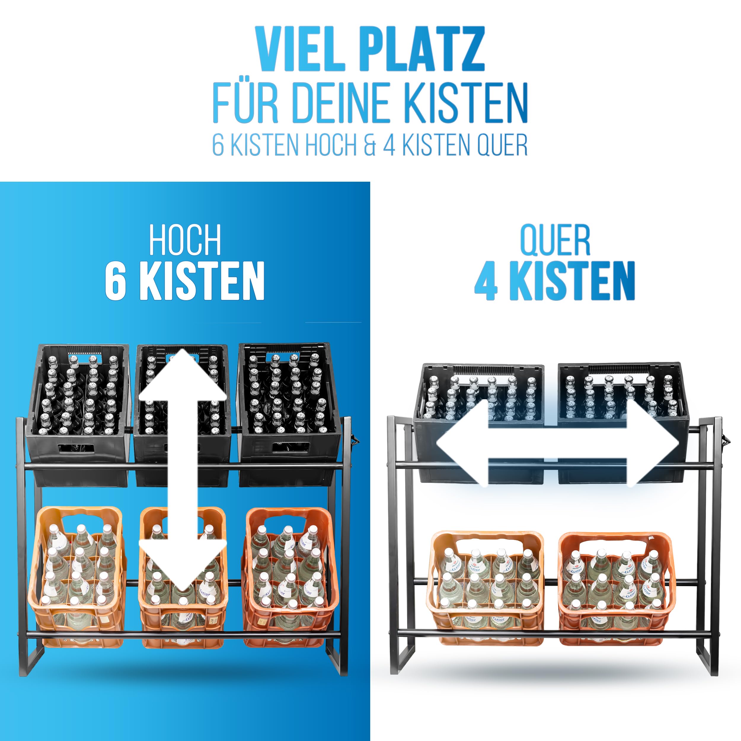 ATHELON® Getränkekistenregal für 6 Kisten - Platzsparendes Getränkeregal inkl. Flaschenöffner & Bodenschutz - Verbessertes Kistenregal [2024] - Getränkekistenhalter aus Metall