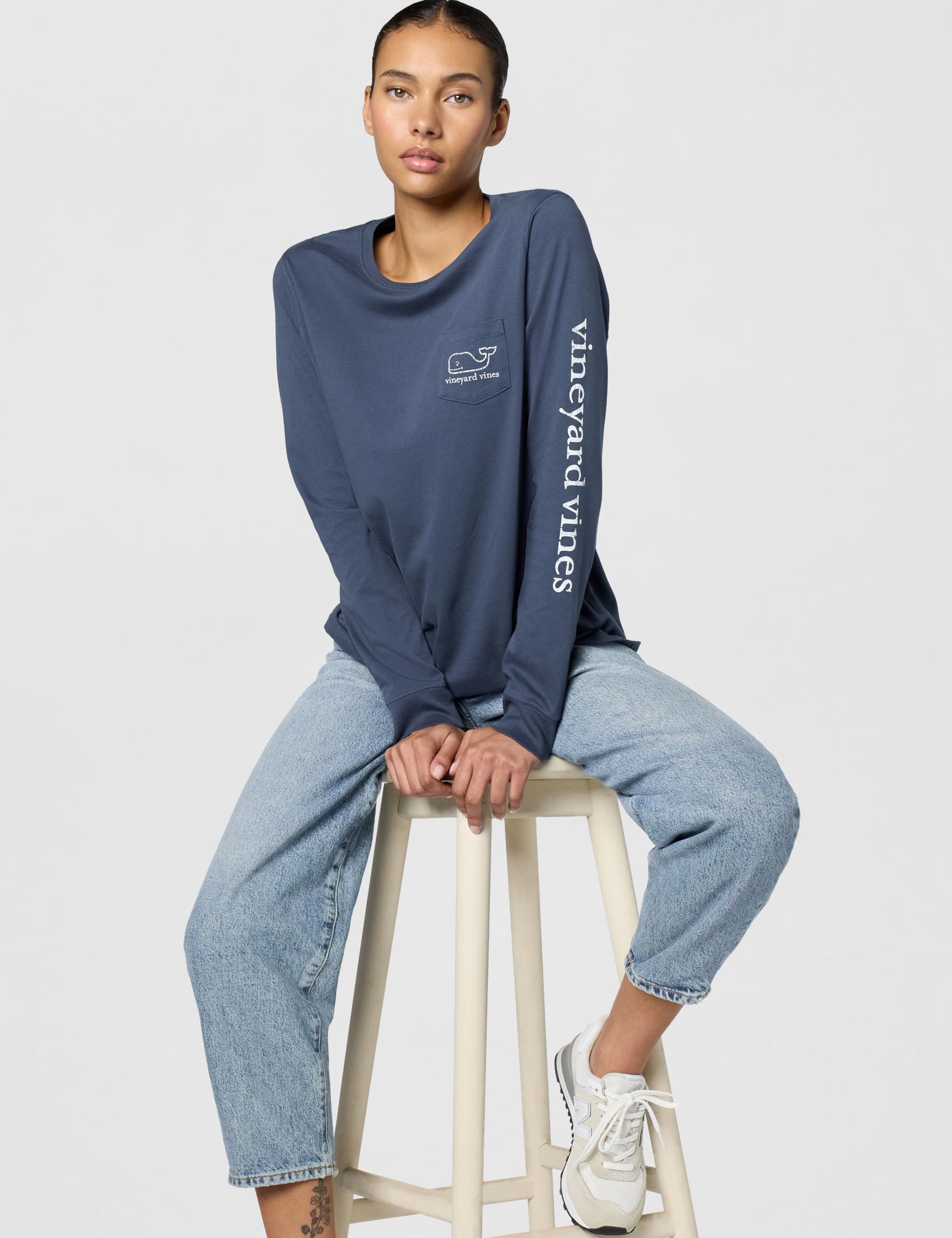 Vineyard Vines, Damen, Langärmliges Damen-T-Shirt, Vintage, Wal, Taschen-T-Shirt