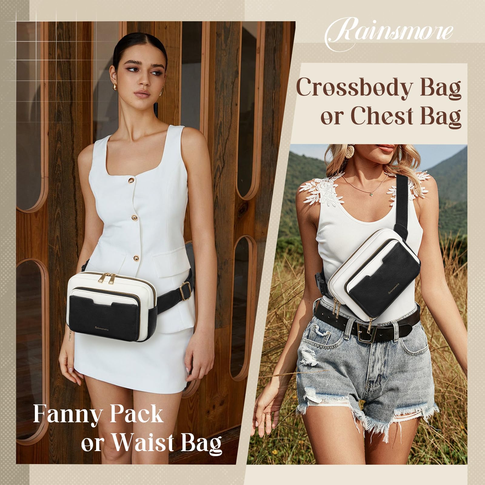 RAINSMORE Marsupio da donna, borsa da cintura vintage in pelle, Nero con bianco., Medium