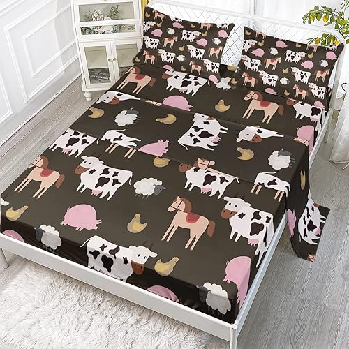 BailiPromise Juego de sábanas de animales de granja de dibujos animados tamaño individual para niñas y niños, lindo juego de ropa de cama de vaca