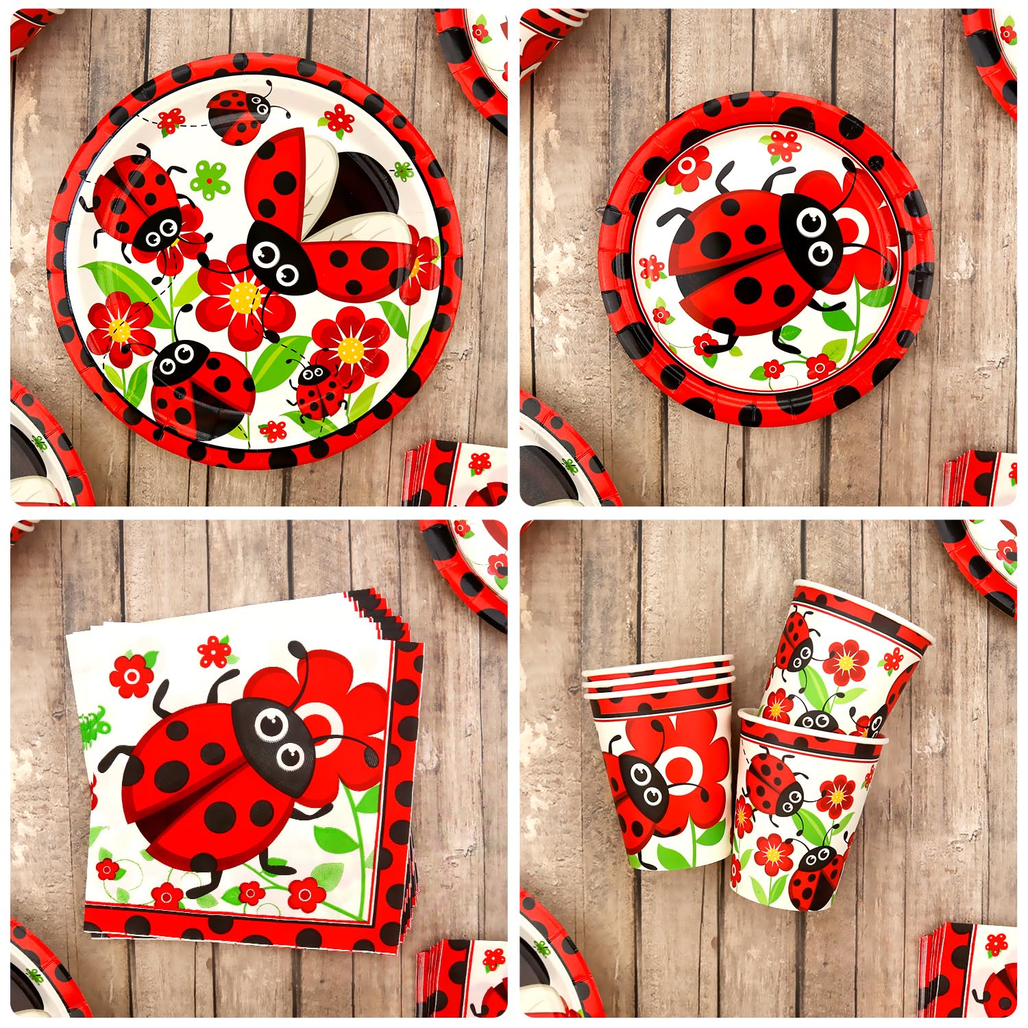 Decración de fiesta de mariquita, vajilla de fiesta de mariquita, platos, tazas, servilletas, mantel, pajitas para mariquitas, suministros de fiesta de cumpleaños, suministros de baby shower, sirve 20