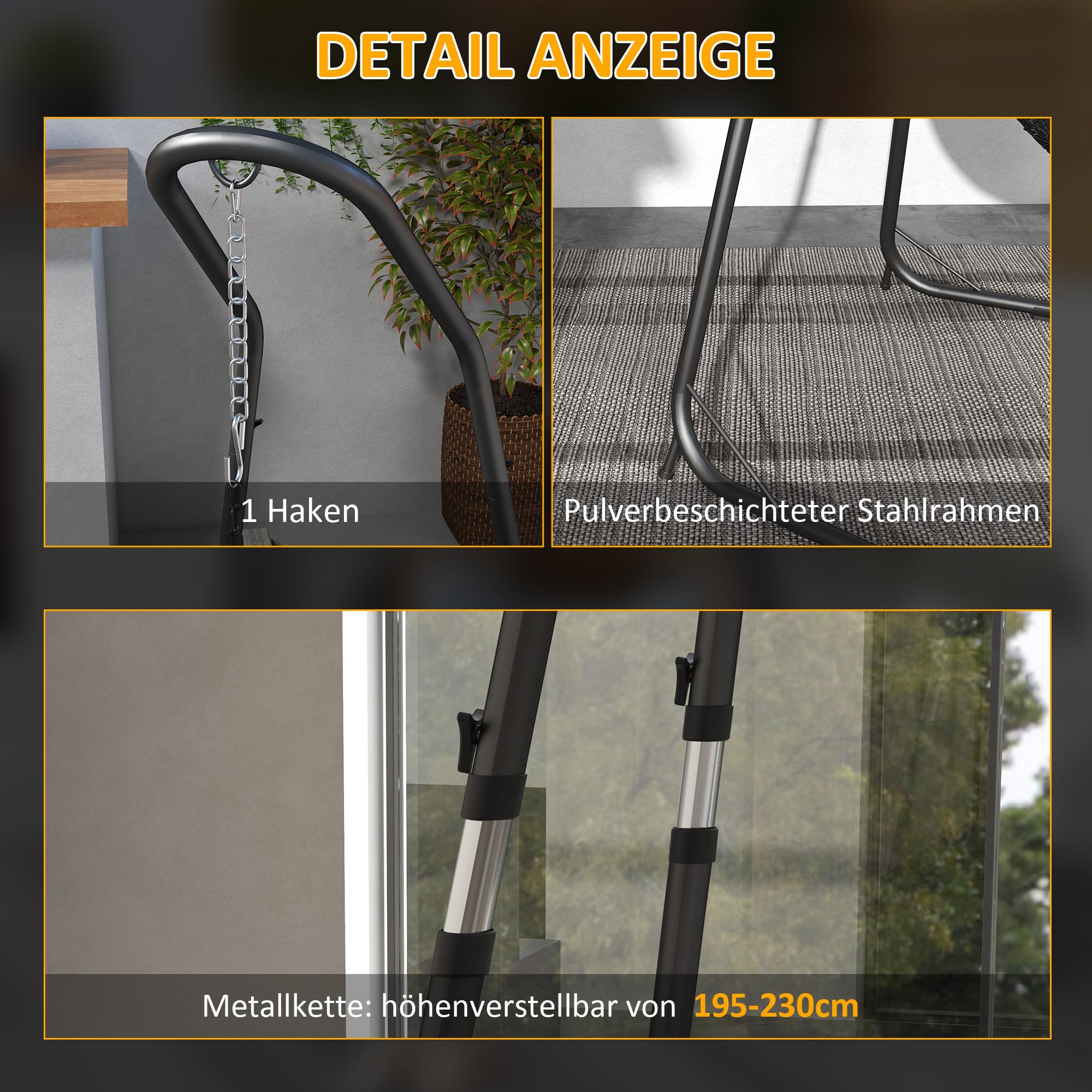 Outsunny Hängestuhlgestell Hängesesselgestell Höhenverstellbarer Ständer für Hängestuhl bis 150 kg Belastbar für Garten, Balkon, Metall, Schwarz, 133 x 116 x 195/230 cm