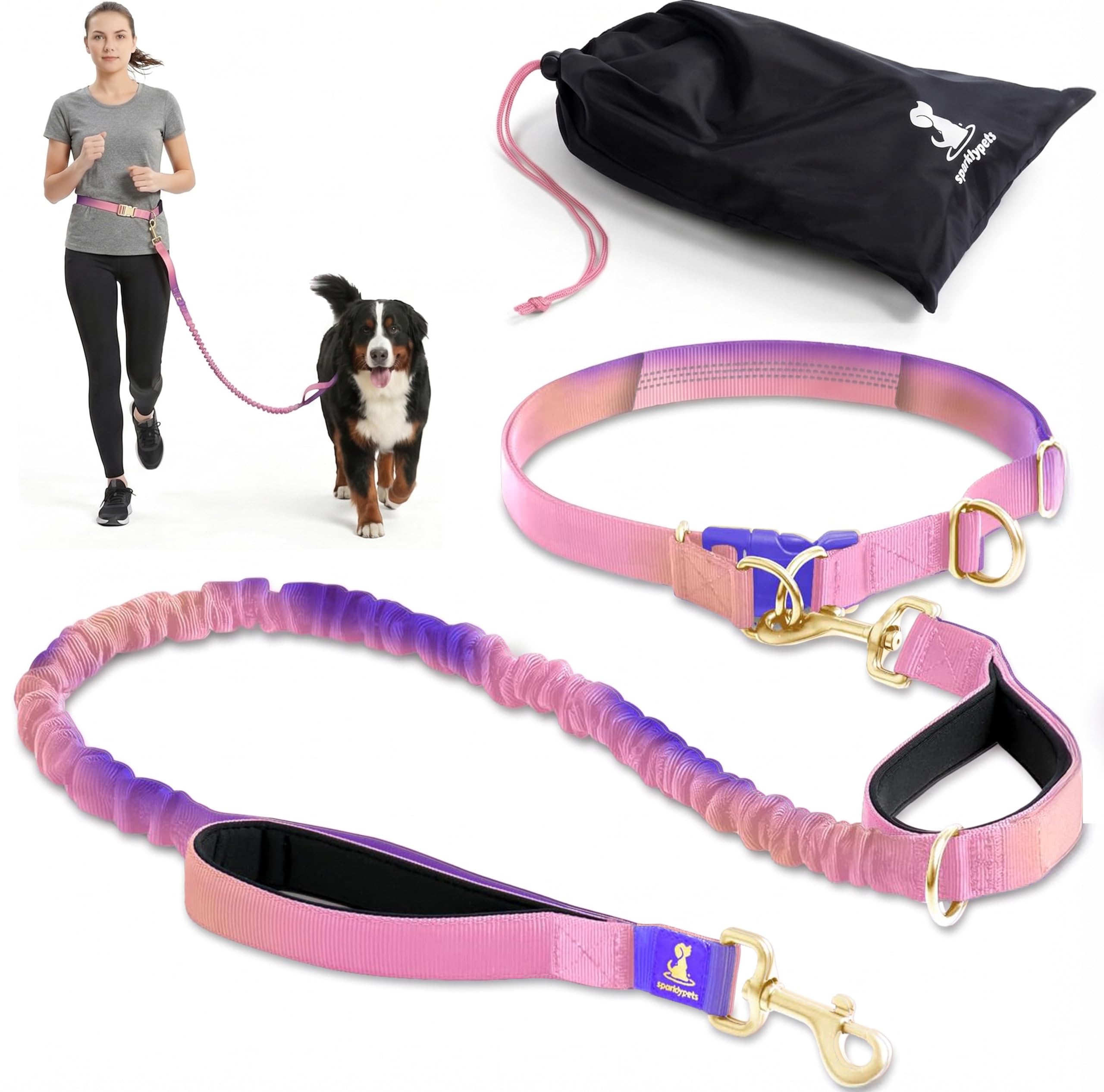 SparklyPets - Laisse mains libres avec coutures réfléchissantes - Pour promener, randonnée, dressage, jogging, canicross, course à pied, chiens de taille moyenne et grande - Rose dégradé