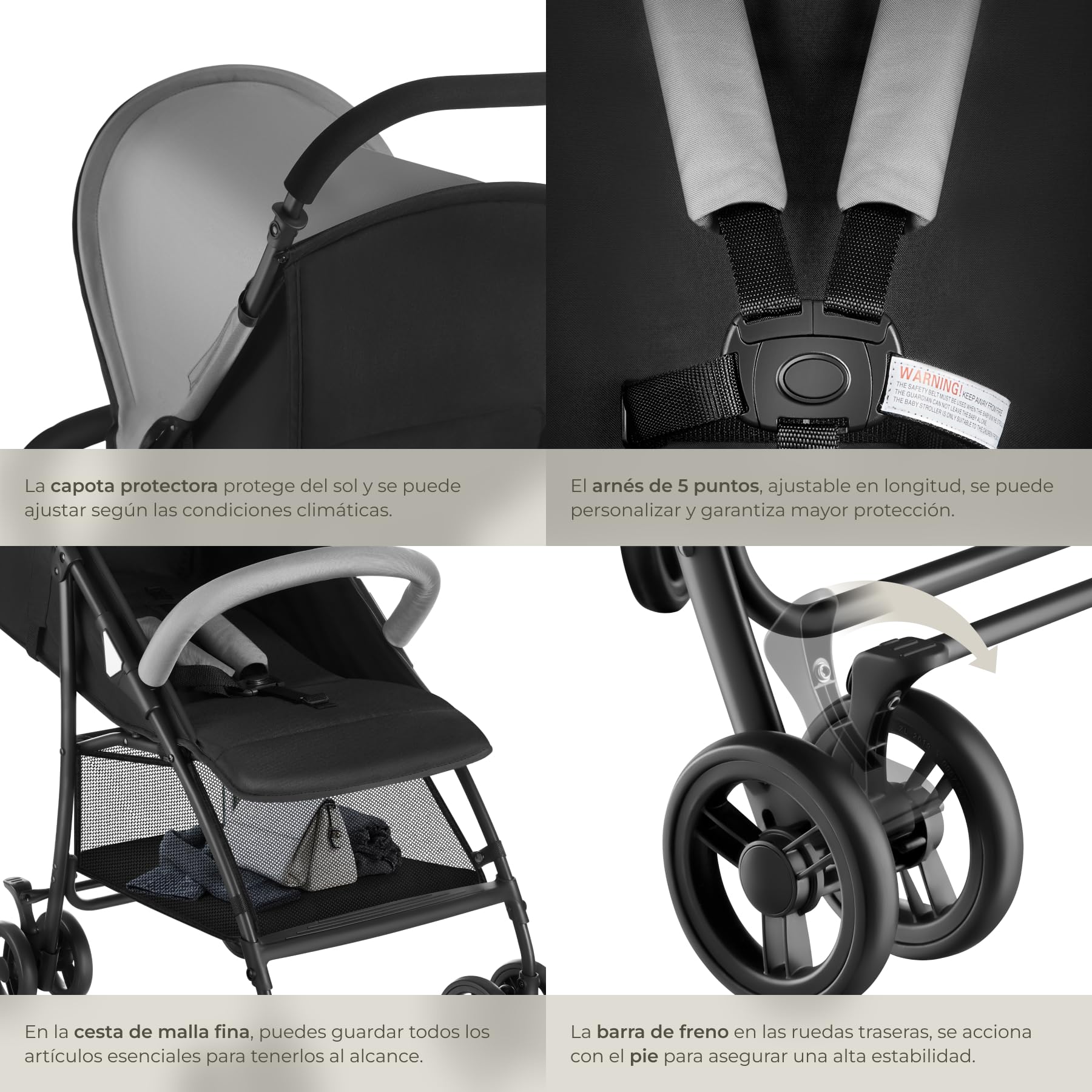 tectake® Carrito de Bebé Plegable, Cochecito Bebé con Arnés de 5 Puntos, Freno y Barra de Seguridad, Buggy con Respaldo y Reposapiés Ajustables, Capota Plegable, Apto de 0 a 36 Meses, 15 kg