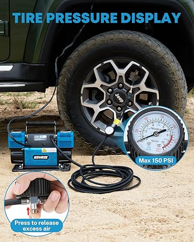 Miniatura 4 de Kohree Compresor de aire de doble cilindro de 12 V, inflador rápido de neumáticos de 12.35 pies³/min, bomba de neumáticos portátil resistente con
