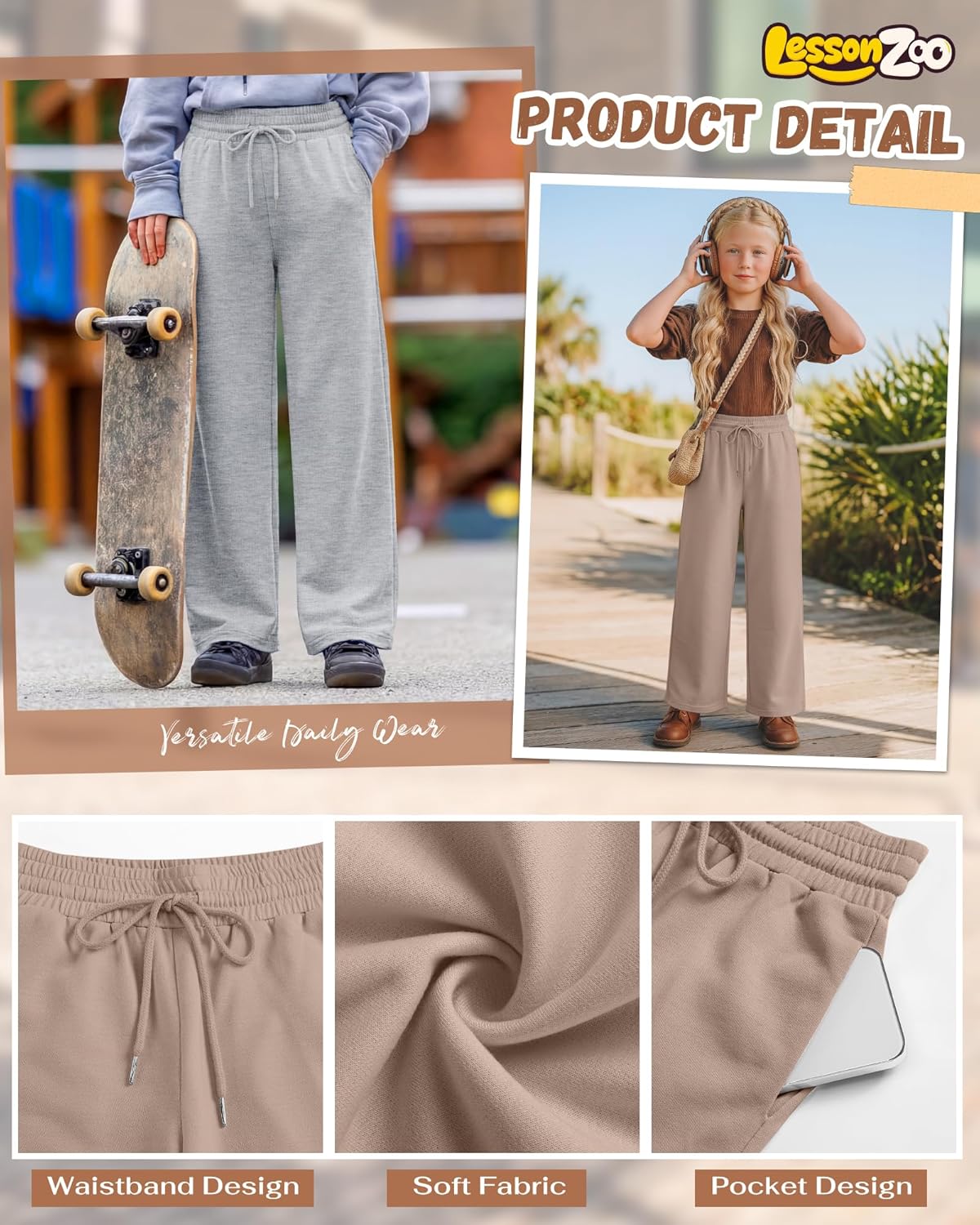 5 Pack Teen Girls Sweatpants Lightweight Wide Leg Kids' Baggy Pants Straight Leg Pant with Pocket Size 5-14