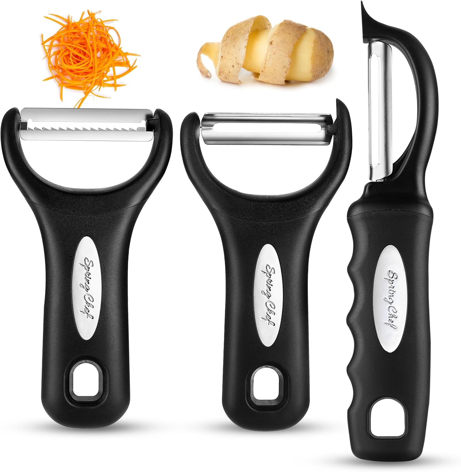 SpringChef 3-in-1 Stainless Steel Vegetable Peeler Set: Swivel, Y & Julienne Peelers with Soft Grip Handles - Rust-Resistant, Arthritis-Friendly