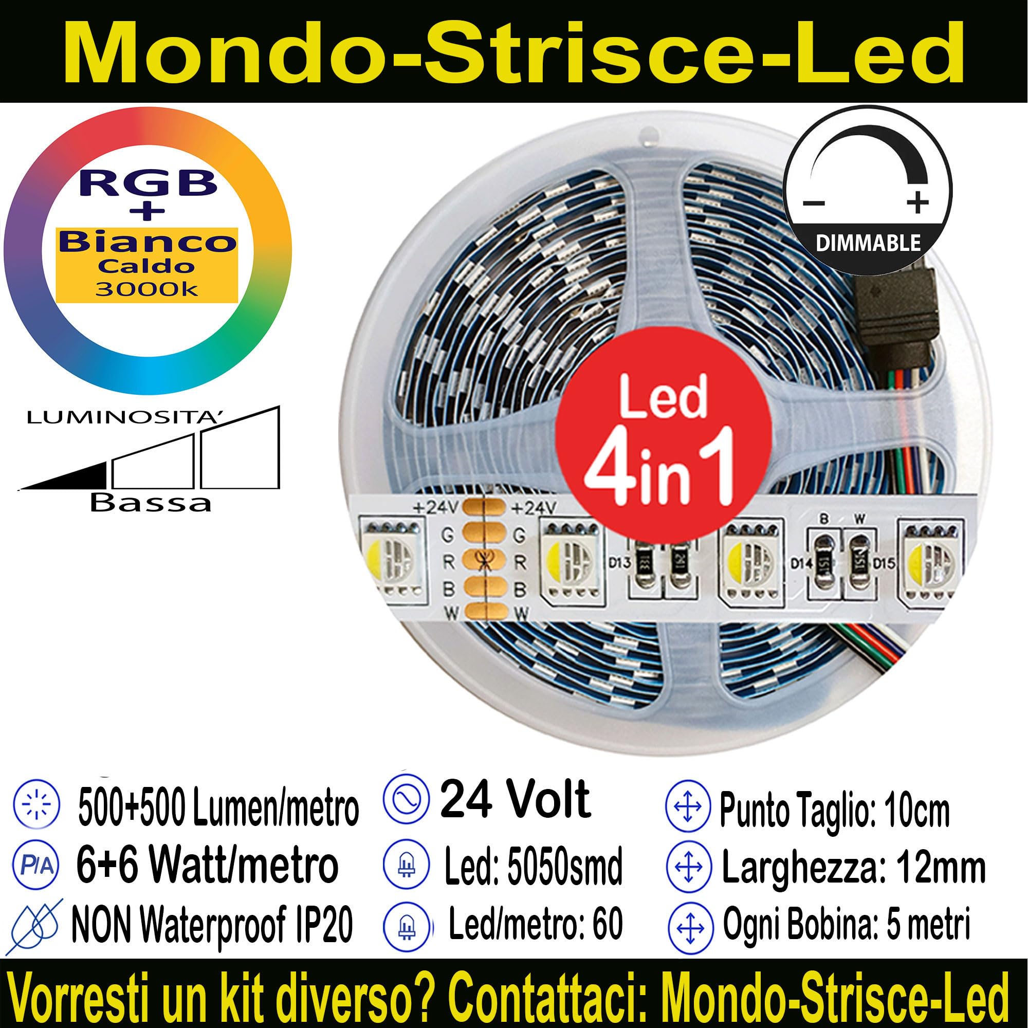RGB+Bianco Caldo 4in1 24V. Kit da 5 Metri con 1 Trasformatore da 60W e 1 Controller 2,4Ghz. Con 300 Led RGB+WW sviluppa 2500+2500 Lumen. Striscia RGBW Ip20