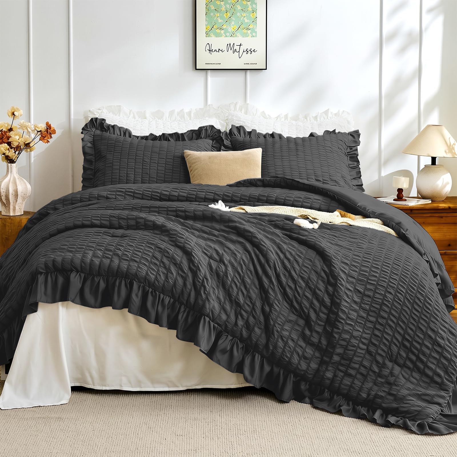 Photo 1 of JOLLYVOGUE Black Comforter Full Size, 3 Pieces Seersucker Lightweight Full Size Bedding, All Season Fluffy Microfiber Bedding Comforter Set with 1 Ruffle Comforter and 2 Ruffle Pillowshams
