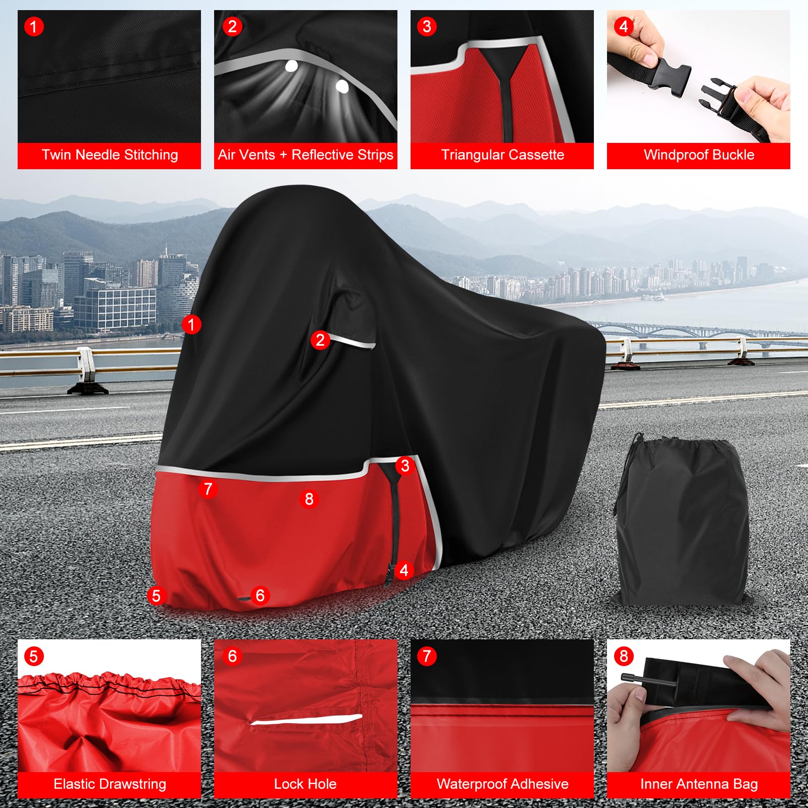 Funda para Moto para Piaggio Vespa GTV GTS GT60/125/200/250/300 (sin Maletero), Tela Oxford 420D Funda Moto Exterior Impermeable Funda Vespa 200 Vespa 125, Negro y Rojo