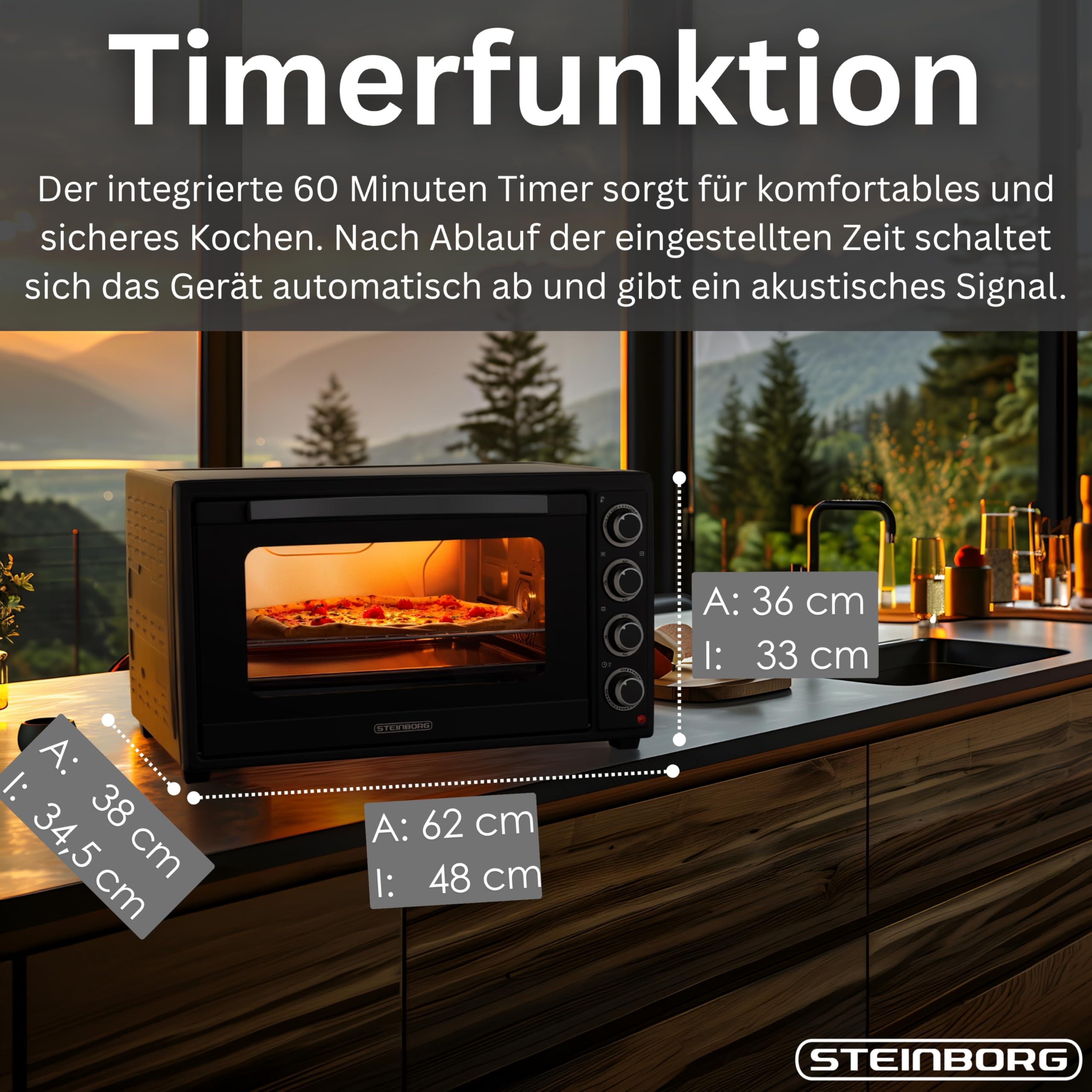 Steinborg® Mini Backofen 60 Liter mit Umluft & Drehspieß, 2000W Tischbackofen groß XXL, 100–230°C, 60 Min Timer, Ober-/Unterhitze & Konvektion, Pizzaofen 3-in-1 inkl. Zubehör
