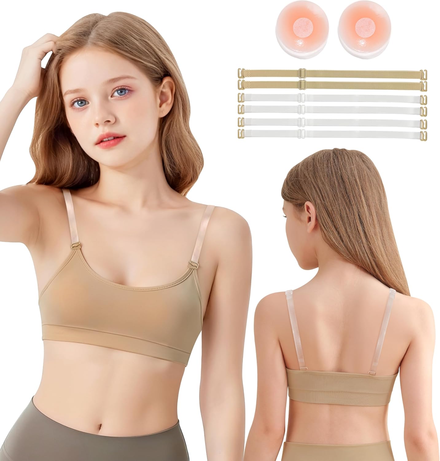 MOLLDAN Dance Bra for Girls 8-16 Years Ballet Gymnastics Sports with Adjustable Straps,Lining,Silicone Pads(8E-18-1-M) Beige