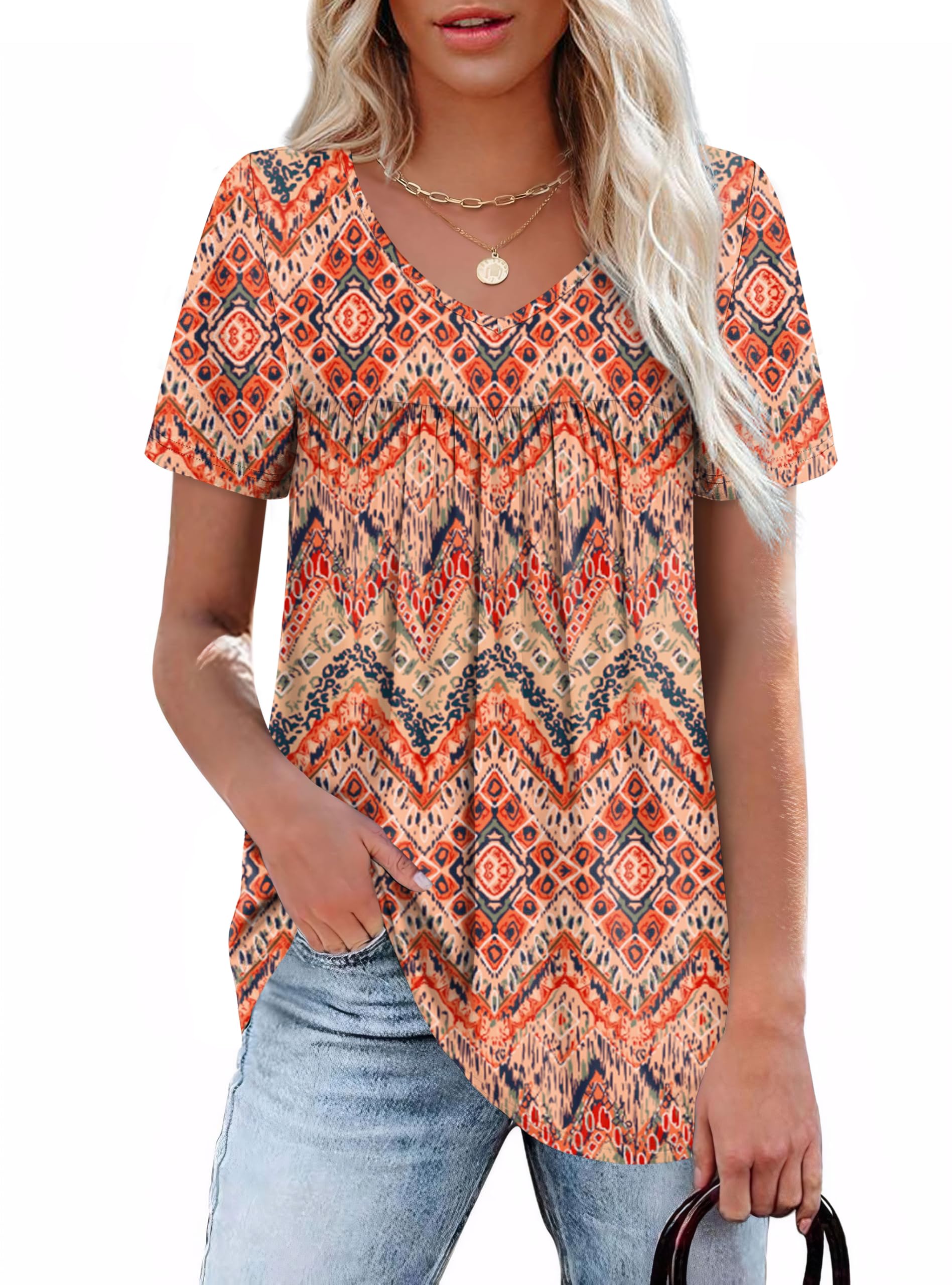 WEESO Womens T Shirts Short Sleeve Pleated Dressy Casual V Neck Summer Tops Blouses