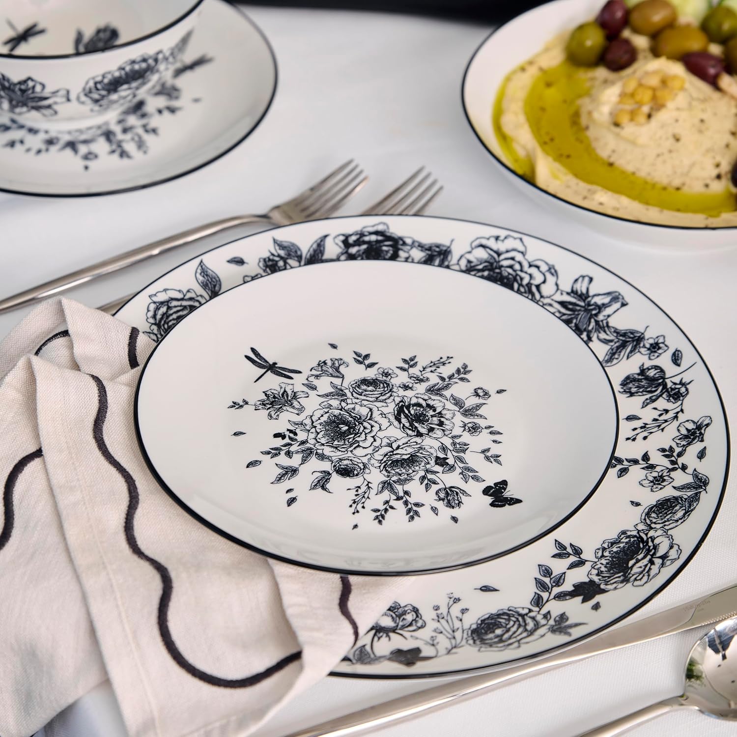 Stone Lain Esme 12-Piece Dinnerware Set Porcelain, Plates and Bowls Set, Dish Set for 4, Microwave and Dishwasher Safe, Black - Image 6