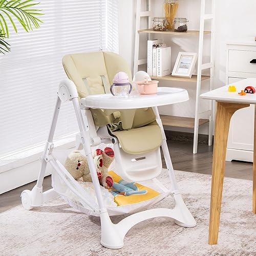 Miniatura 8 de BABY JOY Silla alta para bebés y niños pequeños, trona plegable rápida con 2 ruedas con bloqueo, canasta de almacenamiento grande, bandejas dobles