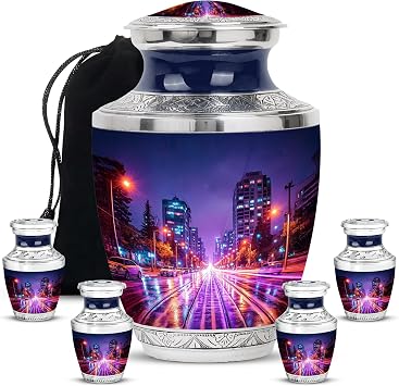 Fashionzaadi Blue Urns for Human Ashes 4 Mini Grandfather Urn for Burial Blue Decorative Urn for Ashes Adult Male - Cremation Urns for Women Set of 5-10" & 3"