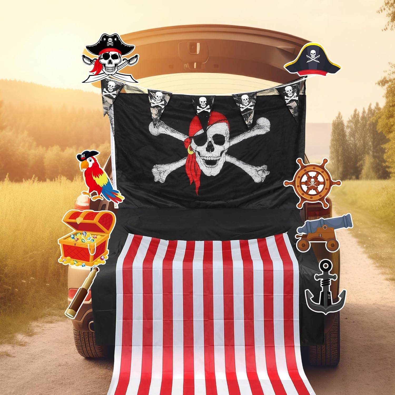 Halloween Trunk Or Treat Car Decorations Kit Halloween Decorations Outdoor Indoor Pirate Flag Spider Web Car Stickers, Haunted House Suv Trunk Car Garage Lawn Outside Archway Door Patio Supplies