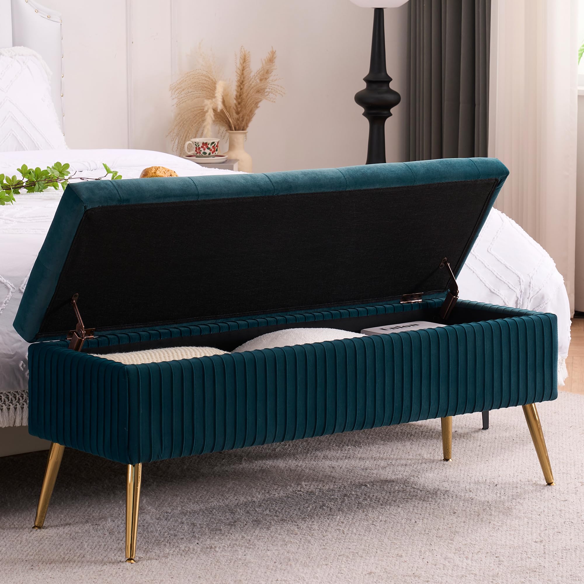 AIITTCC Velvet Storage Bench for Bedroom, Upholstered End of Bed Bench Modern Tufted Ottoman with Gold Legs for Living Room/Window/Entryway (Teal/