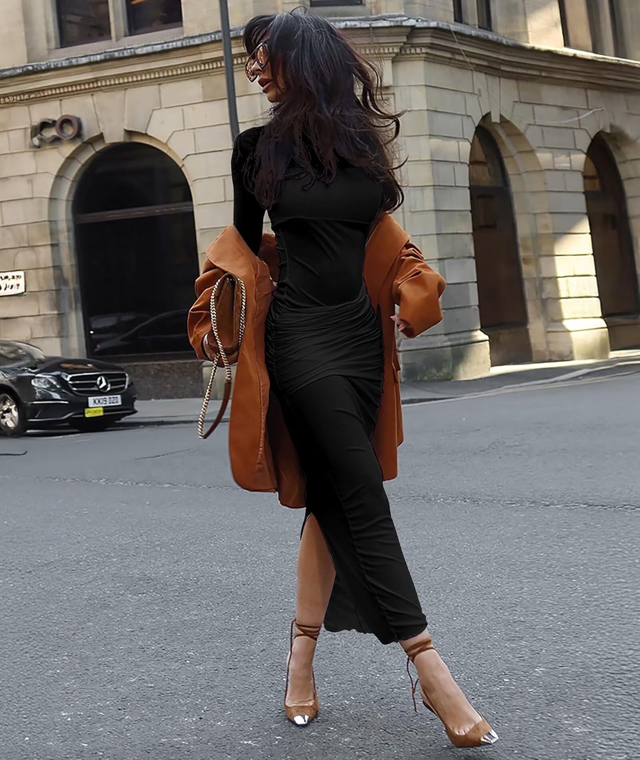 Ekaliy Women's Sexy Mesh Dress Long Sleeve Mock Neck Bodycon Sheer Ruched Maxi Dress Party Cocktail Dresses - Image 7